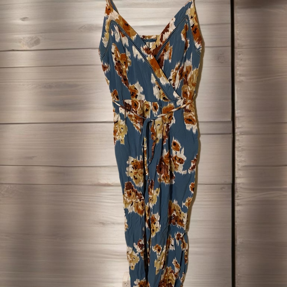 Band of Gypsies Boho Floral Print Jumpsuit in Blue and Brown